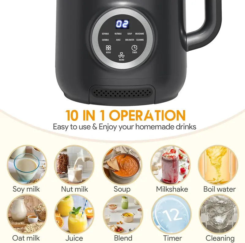 wizaura 10-in-1 Nut Milk Maker, 40oz Blender Homemade Almond, Oat, Soy, Coconut Milk, Juice & Soup, Electric Bean Milk Machine with Delay Start/Auto-Clean/Boil Water/Keep Warm